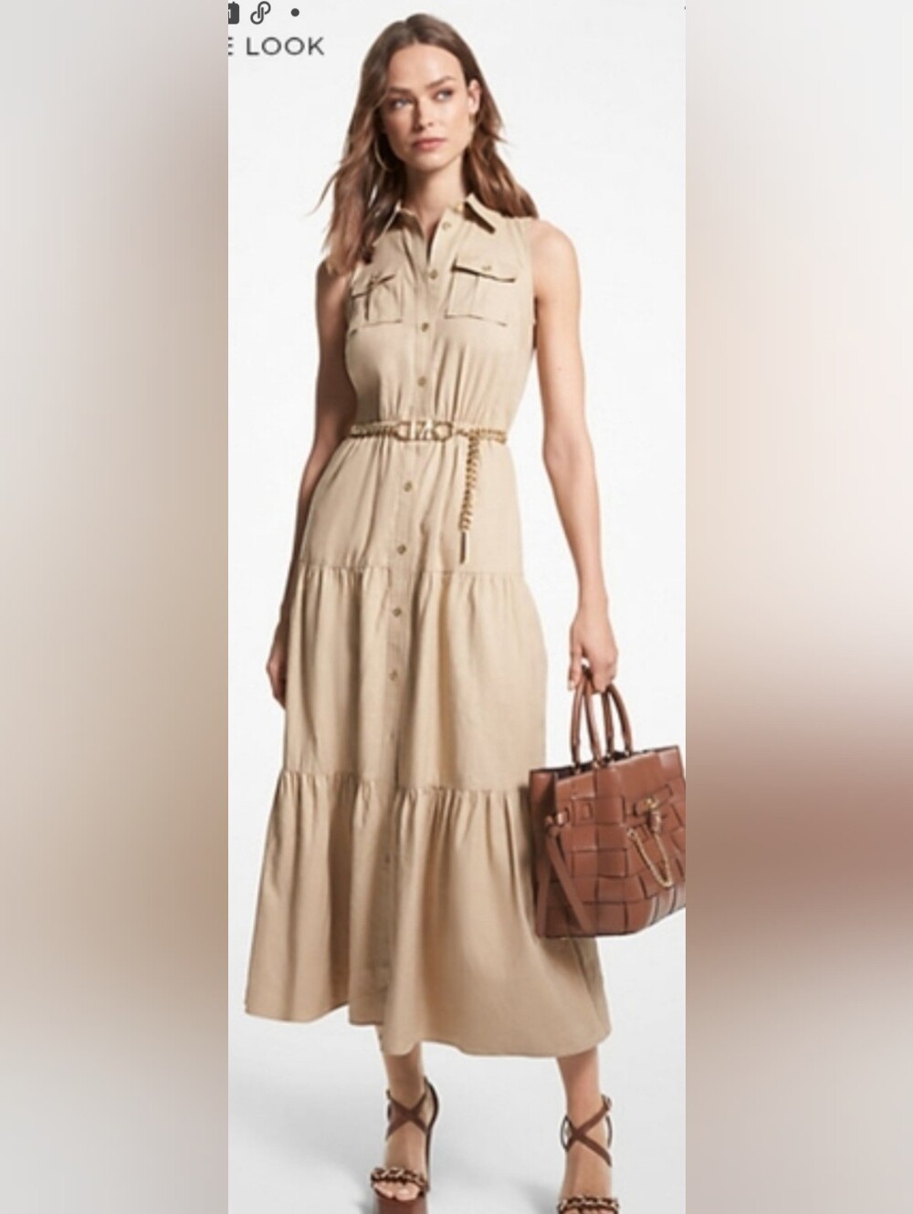 Michael Kors Khaki Shirt Dress Button-down Tiered, Gold Logo Belt Maxi Dress NWT